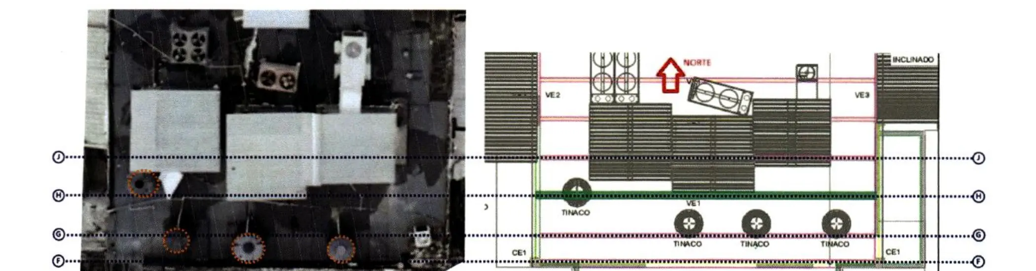 Comparativa de la ubicación real de tinacos contra modelo ETABS - vista superior