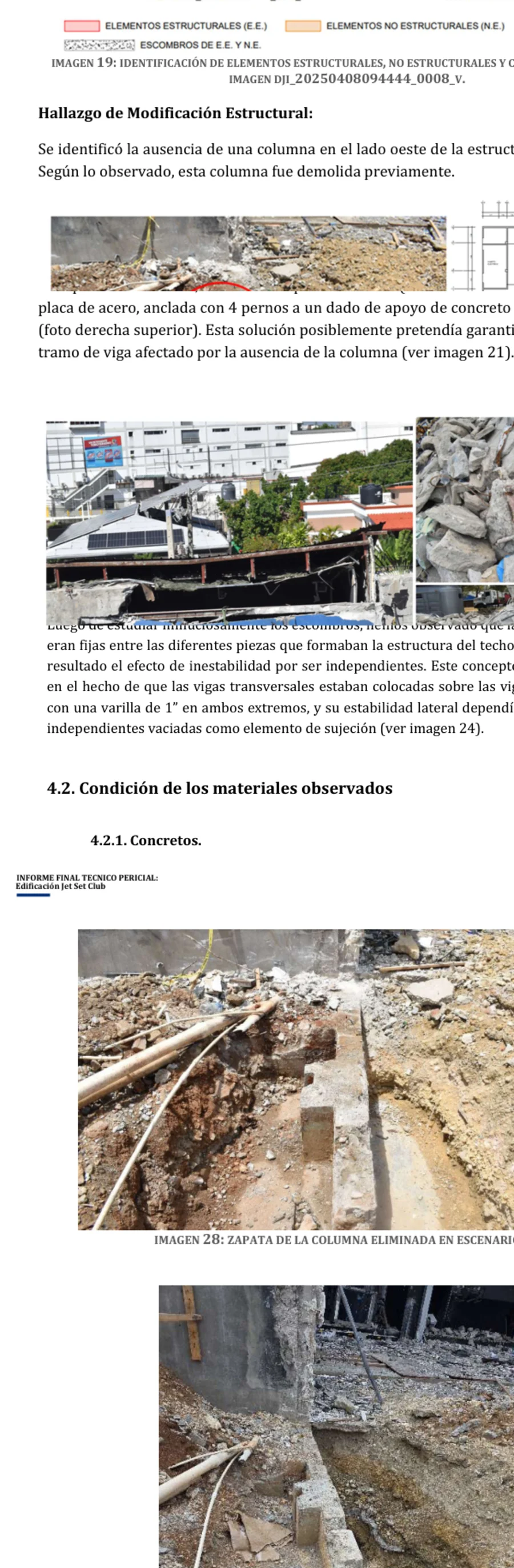 Extractos del informe técnico: columna eliminada en el lado oeste, perfil metálico de refuerzo y zapata documentada en las páginas 36, 37, 43 y 44
