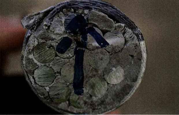 Sección transversal de un ducto corrugado que expone la lechada y doce alambres de postensado. Muestra extraída del espécimen de viga F-B-BM-1
